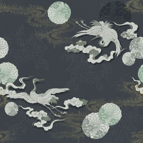 Cranes and Starry Sky Wallpaper, Blue Grey Cranes and Starry Sky Wallpaper, Blue Grey