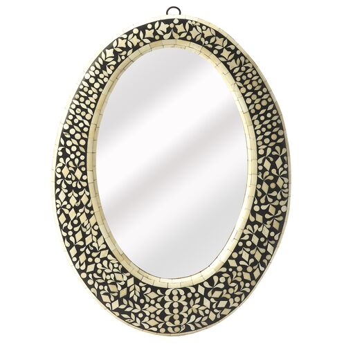 Oliver Bone Inlay Oval Wall Mirror, Black/Cream