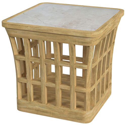 Shelly Outdoor End Table, Natural Teak/Marble