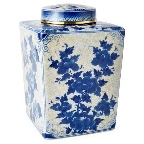 11" Floral Jar w/ Lid, Blue/White~P76685385