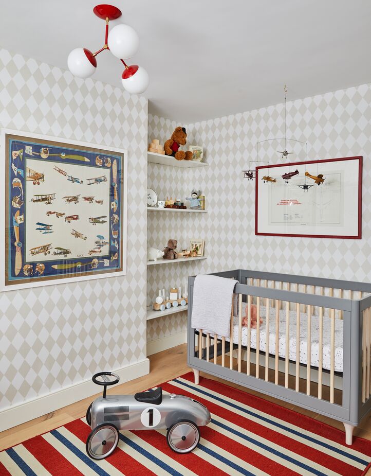 The framed Gucci scarf with an airplane theme in her younger son’s bedroom is one of Maggie’s favorite details.
