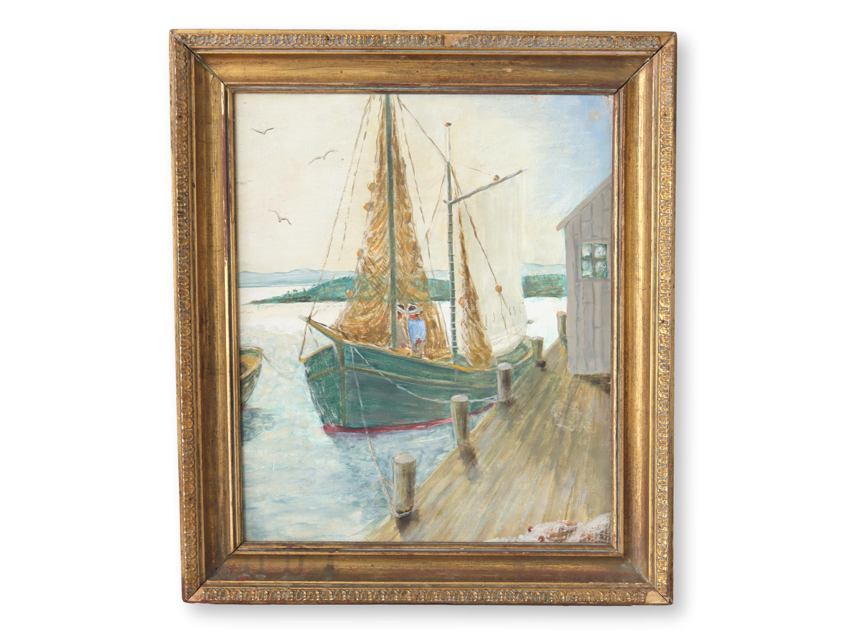 Midcentury French Harbor / Boat Painting~P77680817