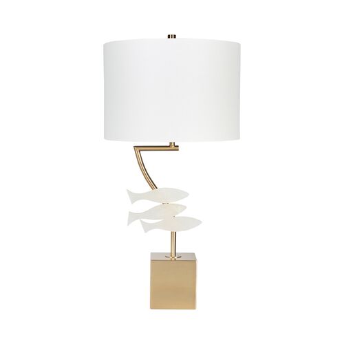 Bonita Wave Alabaster Fish Table Lamp, Brass/White