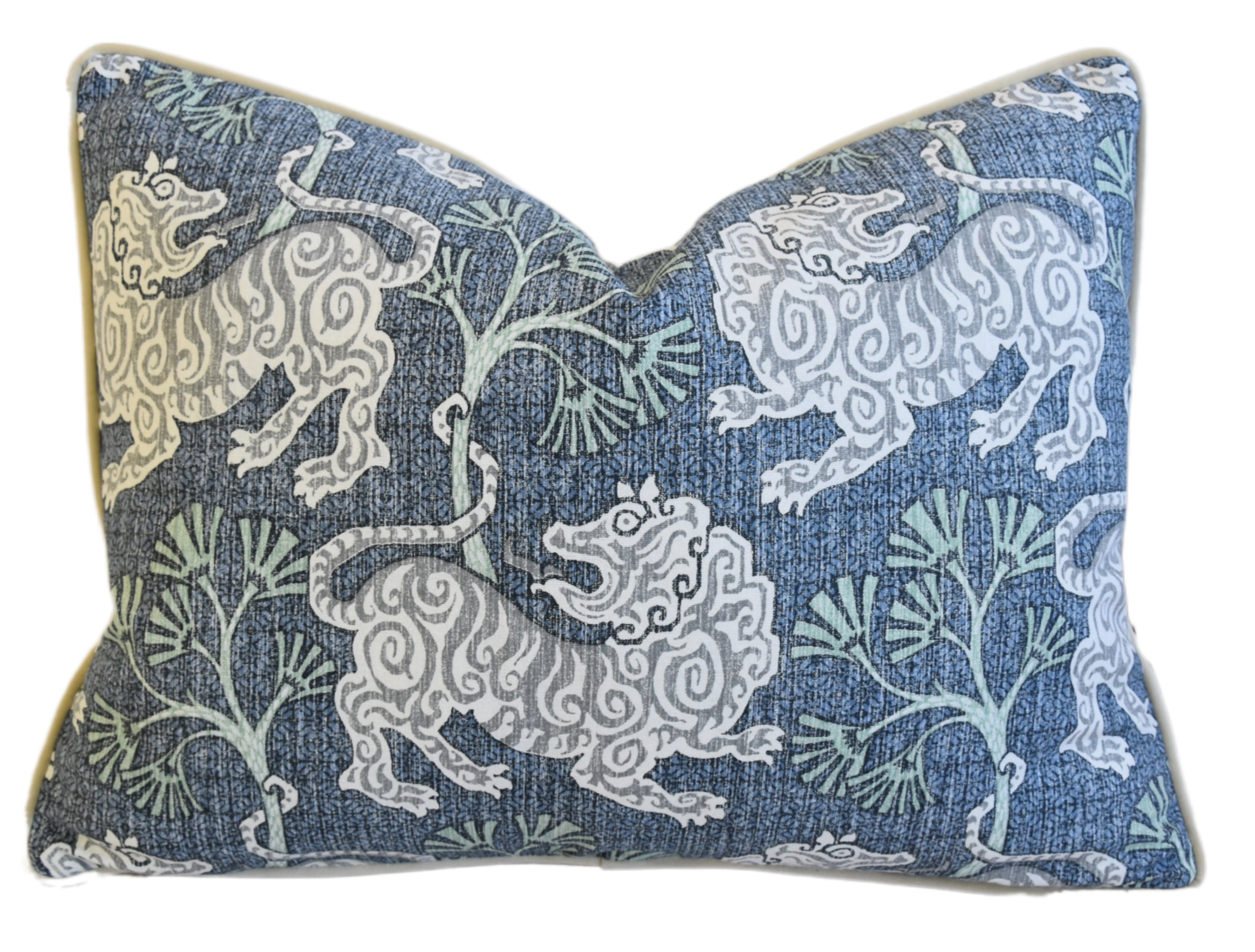 Chinoiserie Asian Blue Gray Lion Pillow~P77676981
