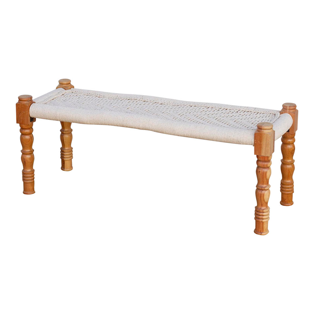 Bleached Wood Charpai Woven Top Bench~P77698736