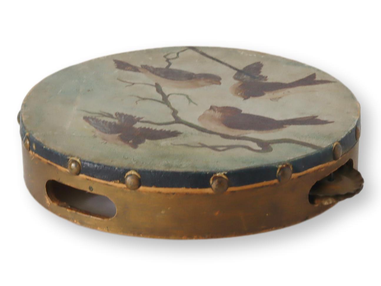 1920s Hand-Painted Tambourine w/Birds~P77673161