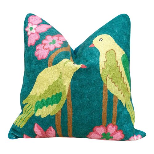 Tropical Green Birds Wool Throw Pillow~P77648410