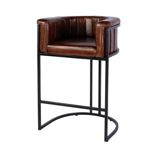 Annette Leather/Iron Barrel Back Bar Stool, Brown/Black