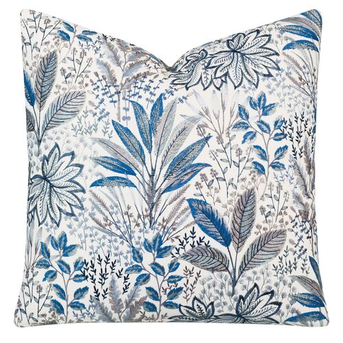 Botany Embroidered Pillow, Blue/White