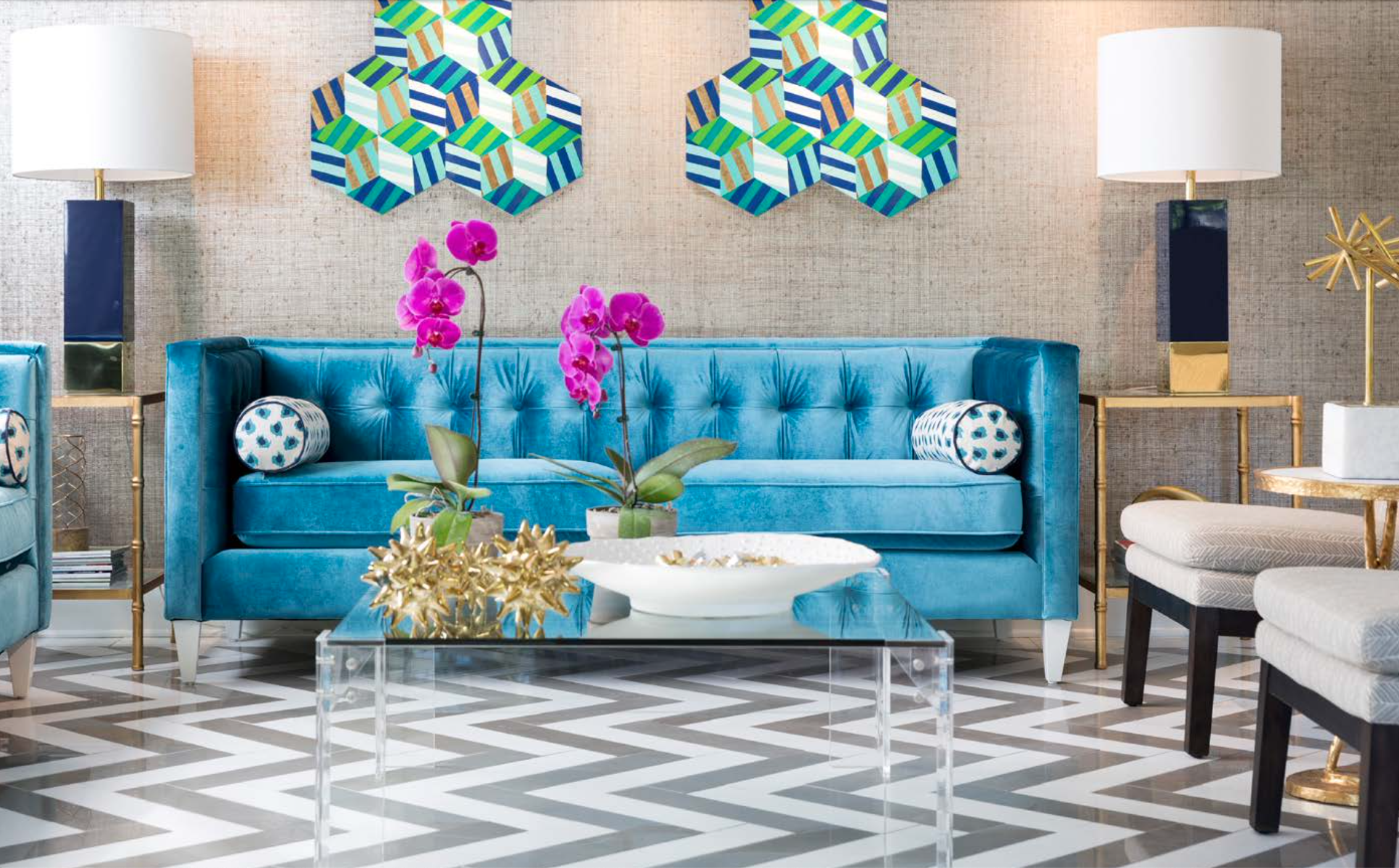 “Geometrics add instant pop,” writes Amanda Reynal. “I use them when I want to imbue a room with energy. Here, I took a cue from the chevron floor pattern and found artwork to keep the electric spirit going.” Photo: Rick Lozier/courtesy of Abrams
