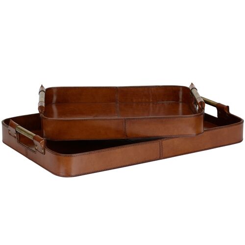 S/2 Gentleman Leather Trays, Tan