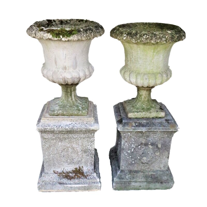 English Cast Stone Urns on Bases, Pair