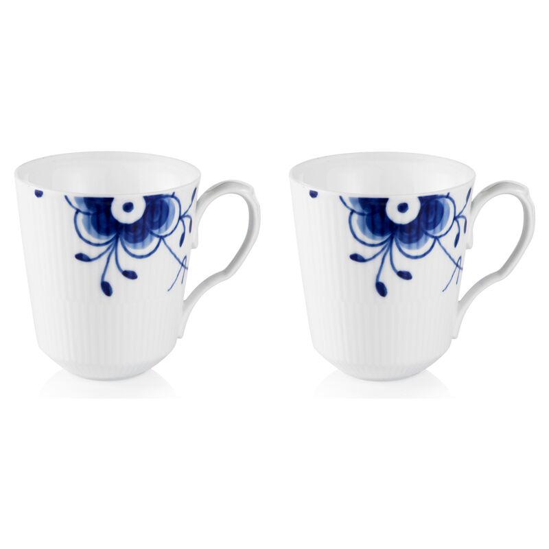 S/2 Fluted Mega Coffee Mugs, Blue/White