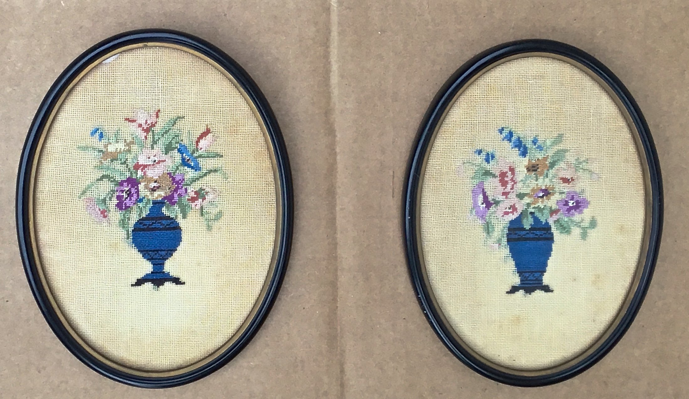 Oval Floral Bouquet Needlepoints, Pair~P77529769