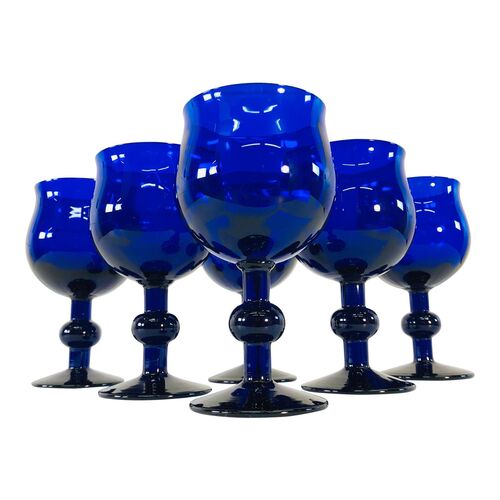Art Deco Cobalt Glass Wine Stems, S/6~P77599823