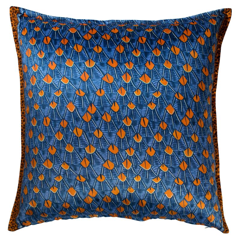Feather 24x24 Pillow, Blue/Orange Velvet