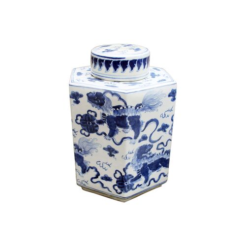 11" Lion Hexagonal Tea Jar, Blue/White~P77266923