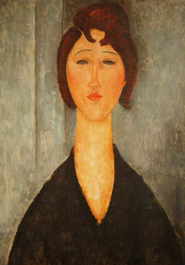 Portrait of a Young Woman, one of several Modigliani works with that title. This one was painted in 1918, and the original hangs in the New Orleans Museum of Art.
