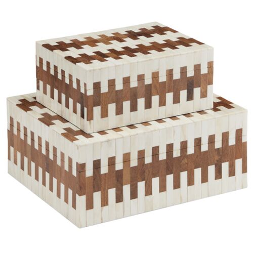 S/2 Tia Bone Inlay Boxes, White/Natural