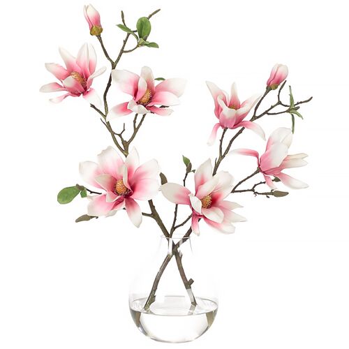 22" Pink Magnolia Arrangement in Glass Bulb Vase, Faux