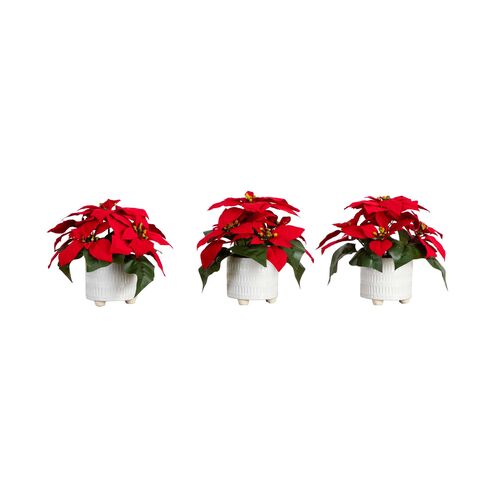 S/3 9in. Artificial Poinsettia Arrangements in White Ceramic Pots
