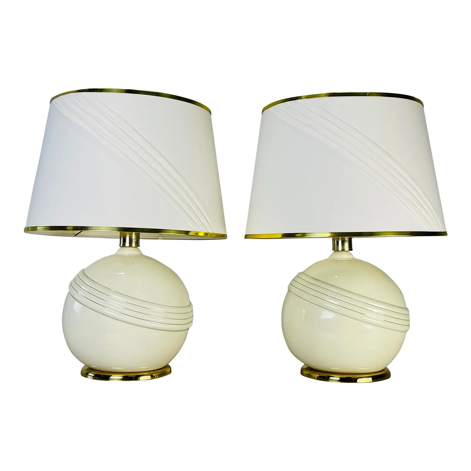 Cream & Gold Round Table Lamps, Pair~P77650616