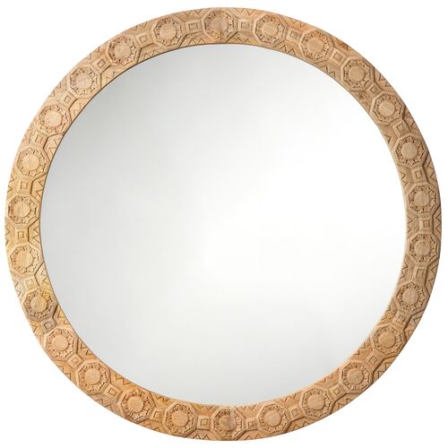 Relief Wood Carved Round Wall Mirror, Natural
