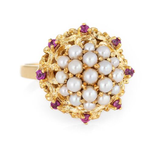 Cultured Pearl Cluster Ring 18k Ruby~P77595806