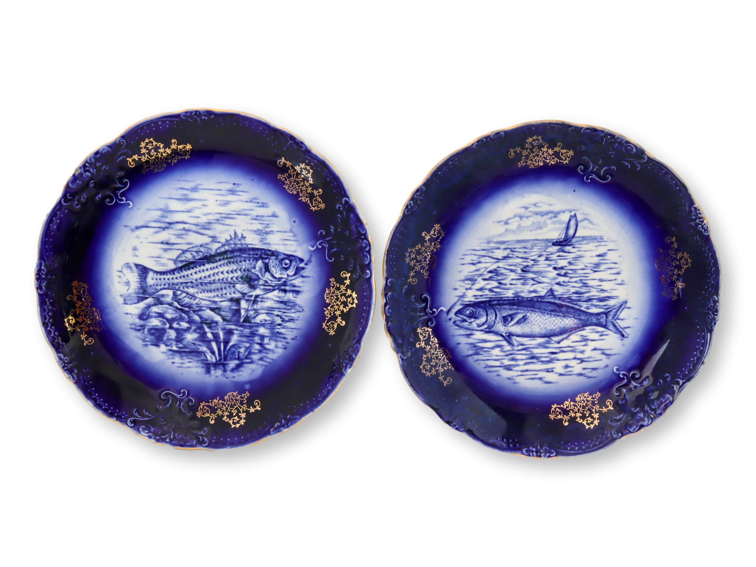 Antique Flow Blue Fish Plates w/Gold 4pc~P77673145