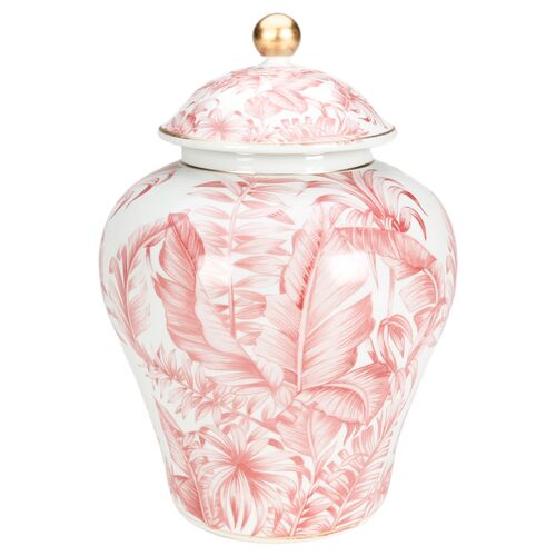 14" Tropical Leaf Ginger Jar, Pink