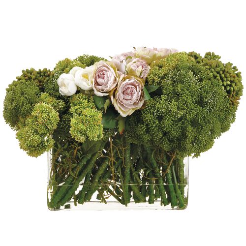 16.5" Sedum/Rose Arrangement in Glass Vase, Faux 16.5" Sedum/Rose Arrangement in Glass Vase, Faux