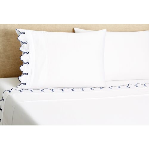 Embroidered Scalloped Sheet Set, Navy