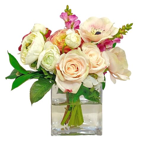 Faux Mixed Florals In Glass Vase, Multicolor Faux Mixed Florals In Glass Vase, Multicolor