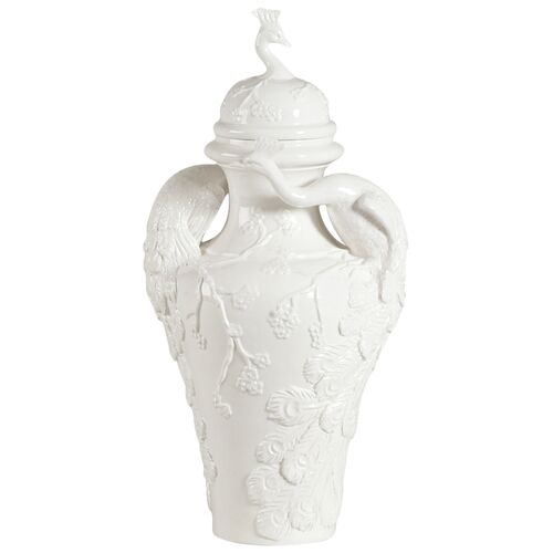 Peacock Ceramic Urn, White