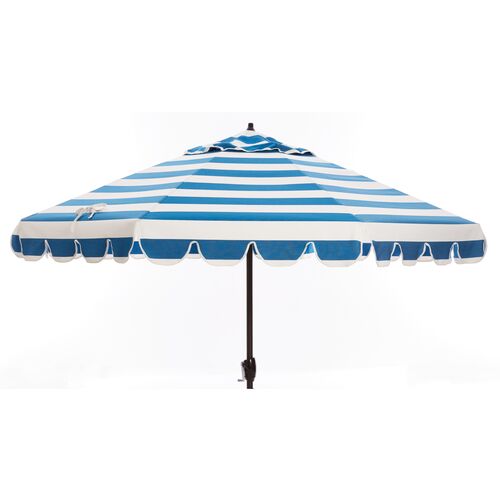 Phoebe Scallop-Edge Patio Umbrella, Blue/White Stripe~P77326369