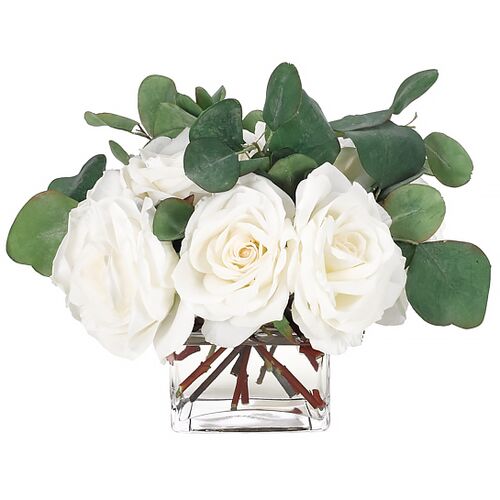 10" Rose Arrangement in Glass Cube Vase, Faux