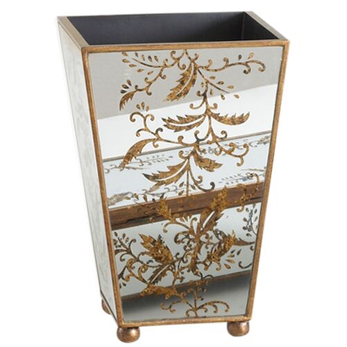 Madison Mirrored Floral Wastebasket, Gold