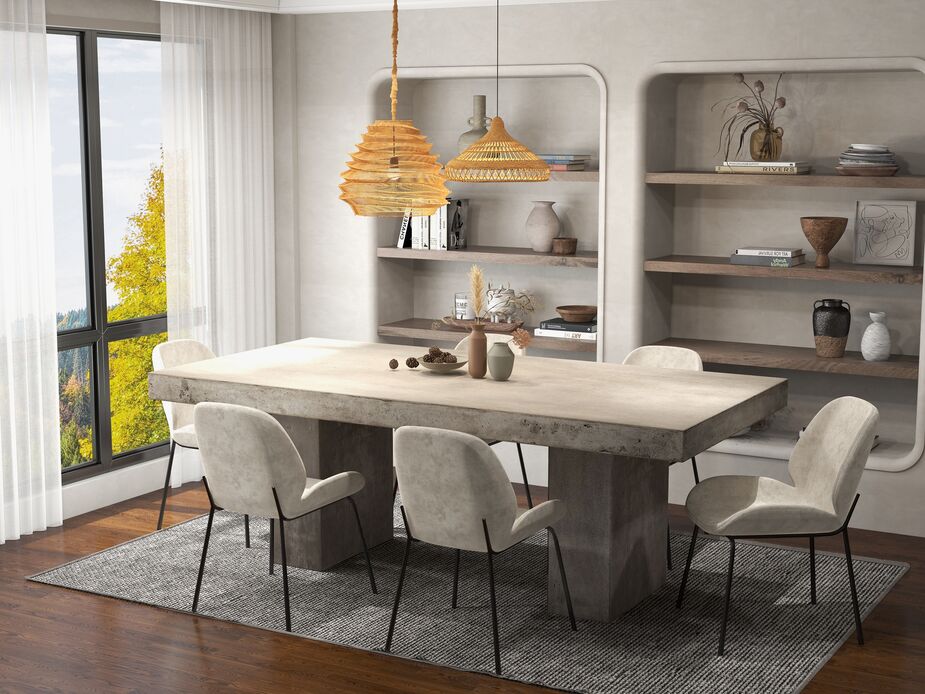 The Elwood Dining Table helps ground the slender dining chairs. At the same time, the velvet upholstery and the woven rattan pendants provide inviting contrasting textures. Find similar chairs here.
 
