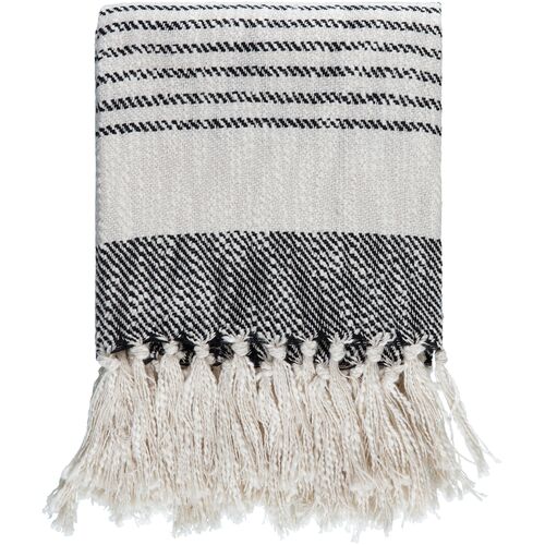 Prolo Cotton Throw with Tassels, Light Beige/Black Prolo Cotton Throw with Tassels, Light Beige/Black
