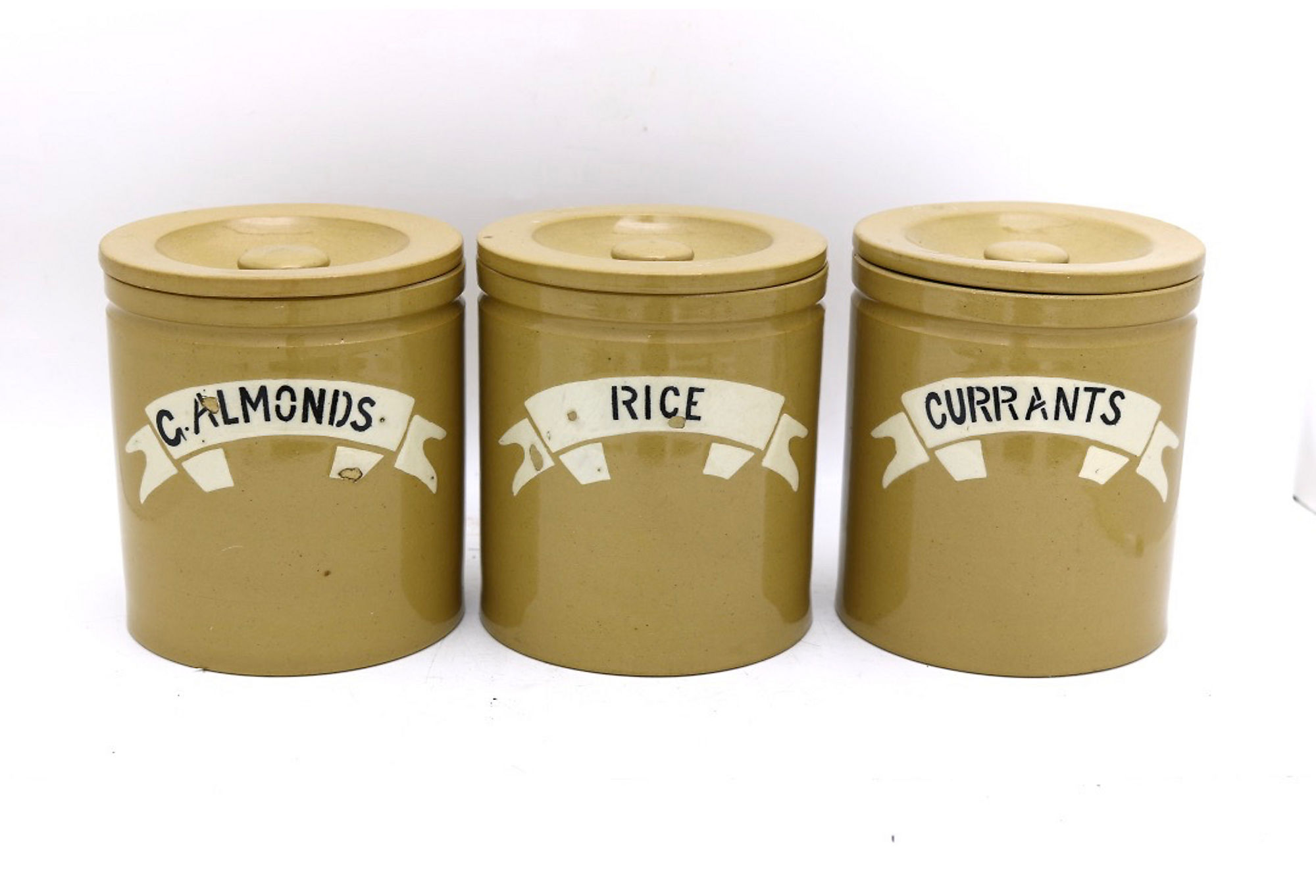 19th-C. Stoneware Kitchen Canisters, S/3~P77590173