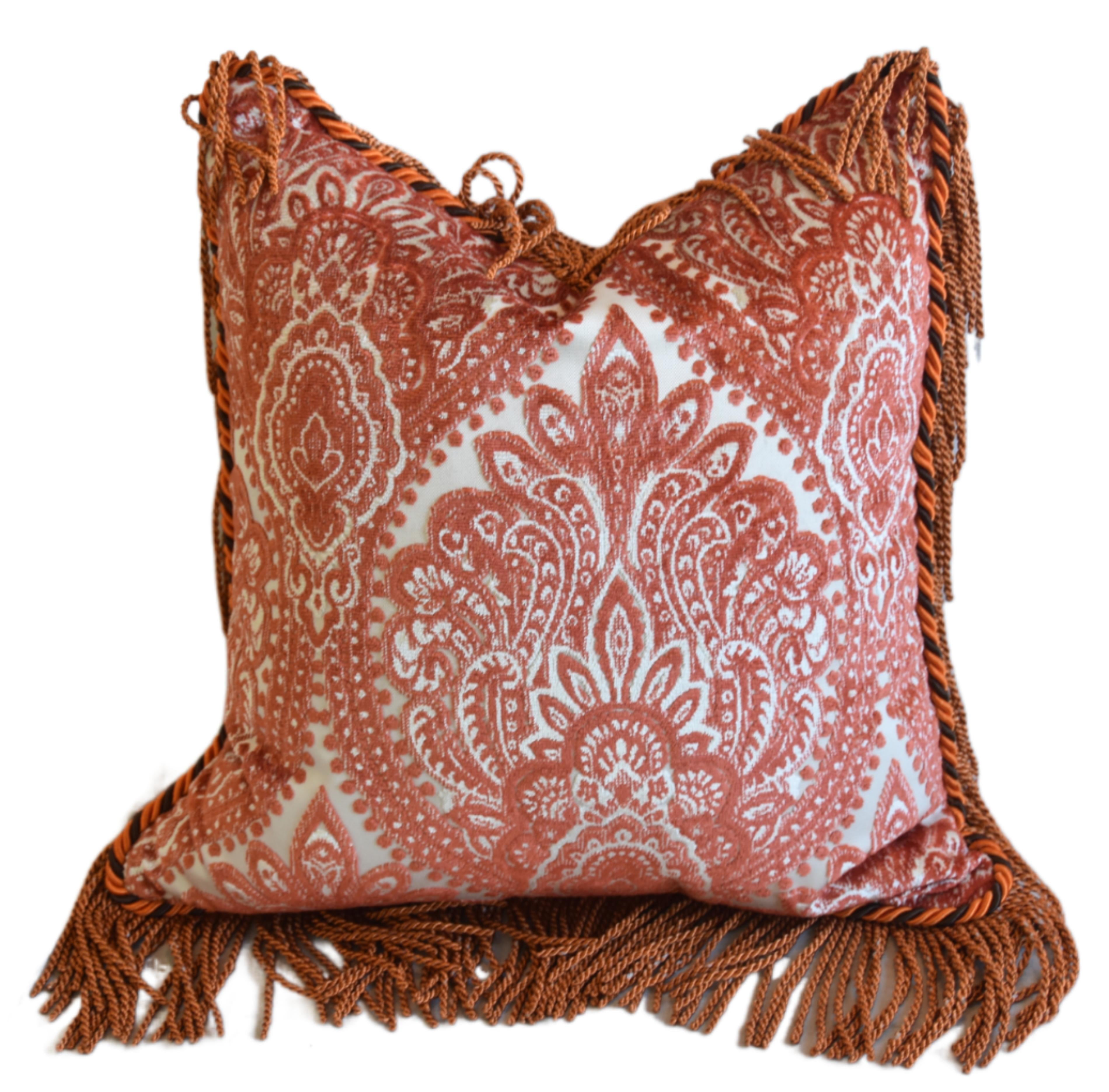 Tangerine Floral Fringed Velvet Pillow~P77669290