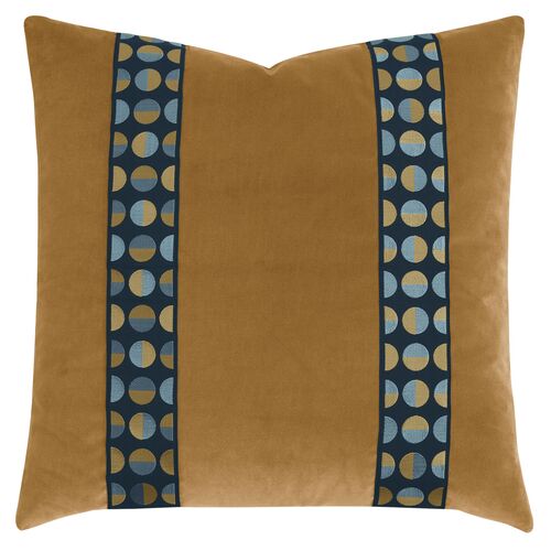 Nova Geometric Border Velvet Pillow, Gold/Blue