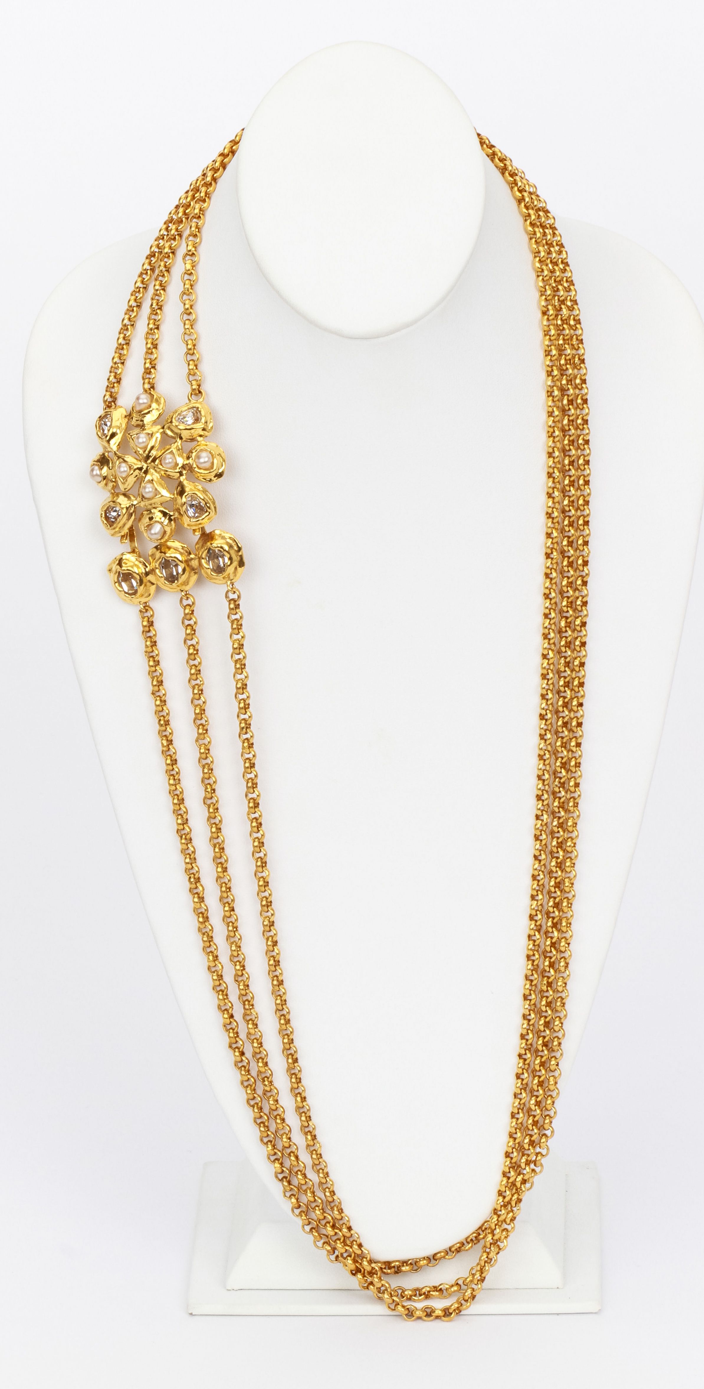 Chanel gold chain necklace stones pearls~P77633468