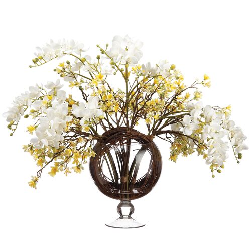 26" Phalaenopsis/Heptacodium/Twig Arrangement in Glass Vase, Faux