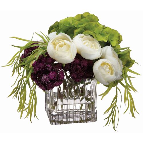8" Hydrangea Arrangement in Glass Vase, White