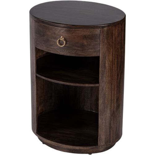 Donovan Oval 1-Drawer End Table w/ 2 Open Shelves, Brown