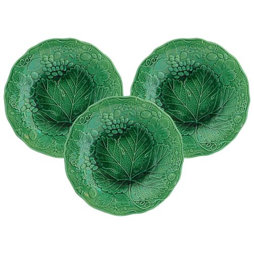 Antique Green Majolica Grapevine Plates, S/3 Antique Green Majolica Grapevine Plates, S/3