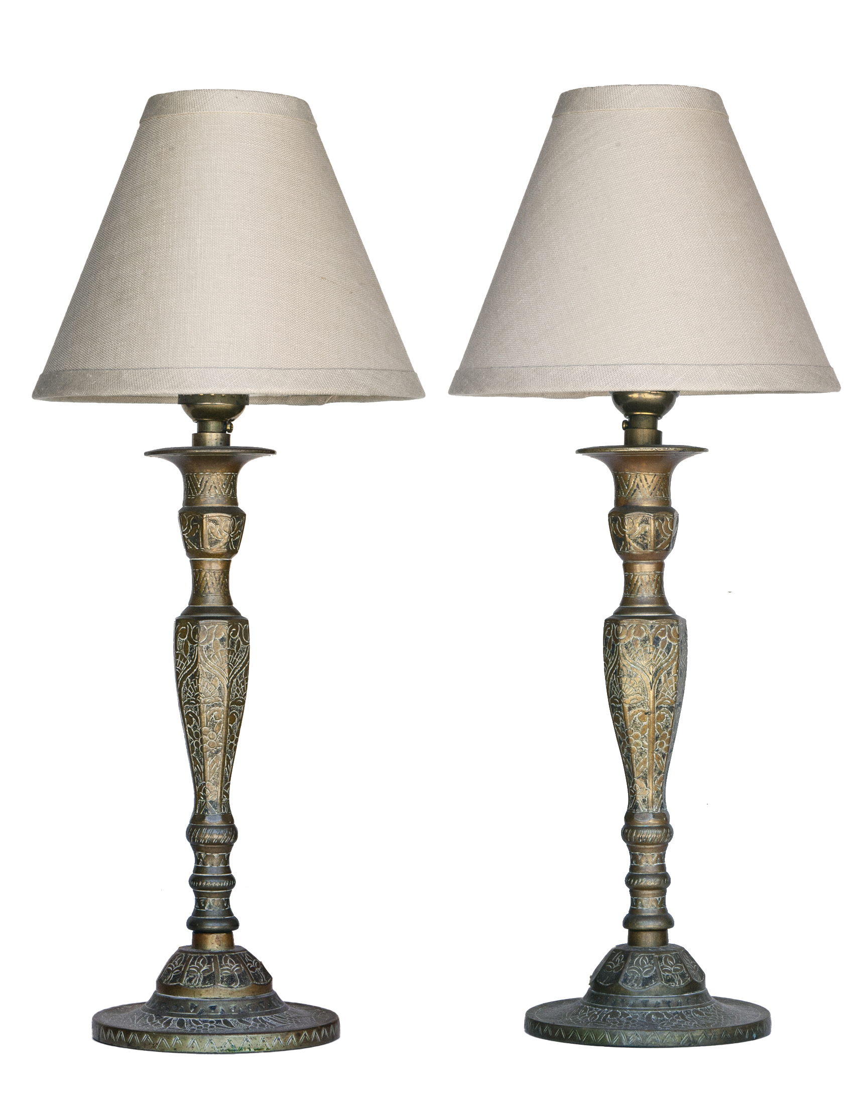 Etched Bronze Candlestick Lamps, a pair~P77728990