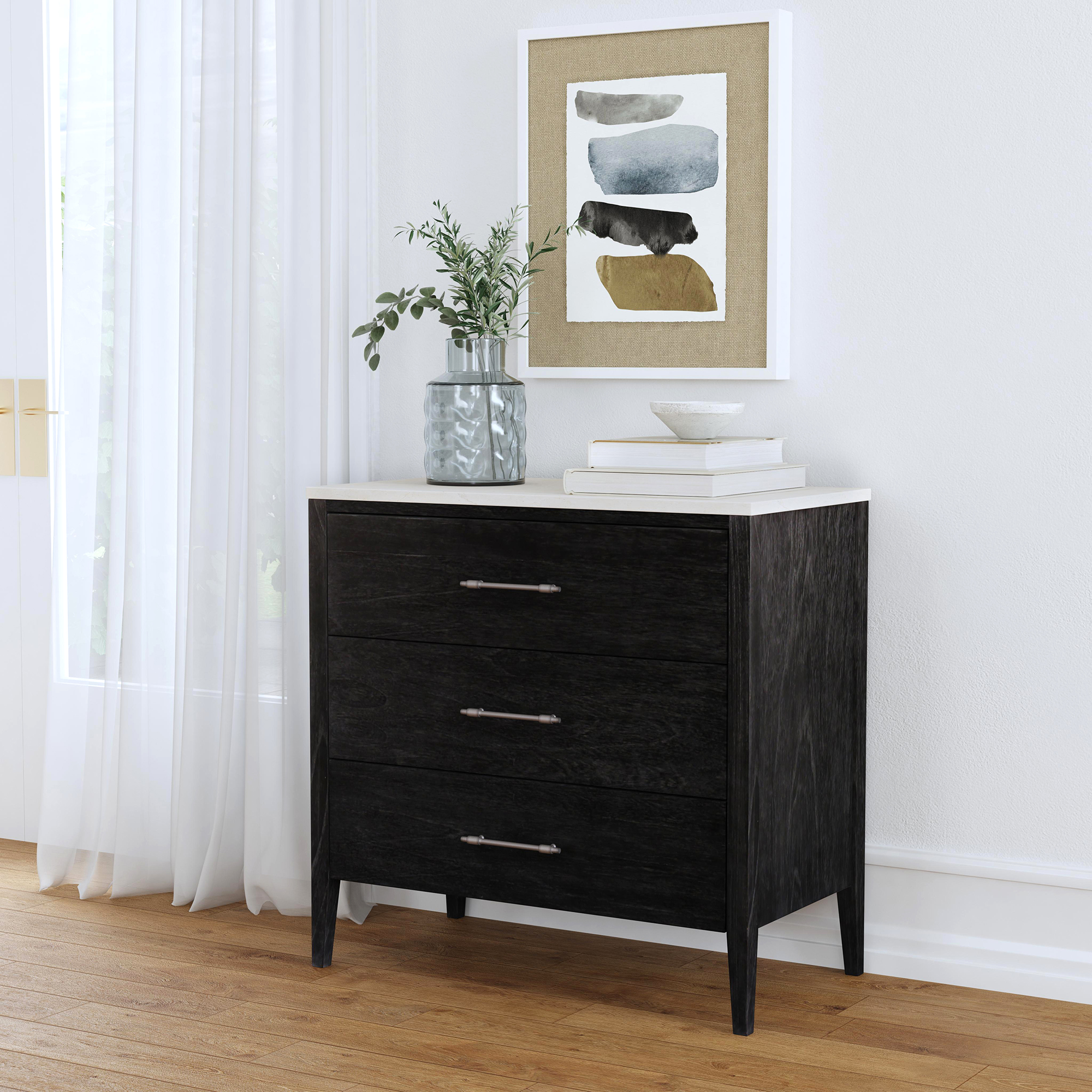 black dresser with white marble top Benjara Yoh 47 Inch Tall 4 Drawer Dresser Chest with Marble Top, Metal  Knobs, Black main image 0