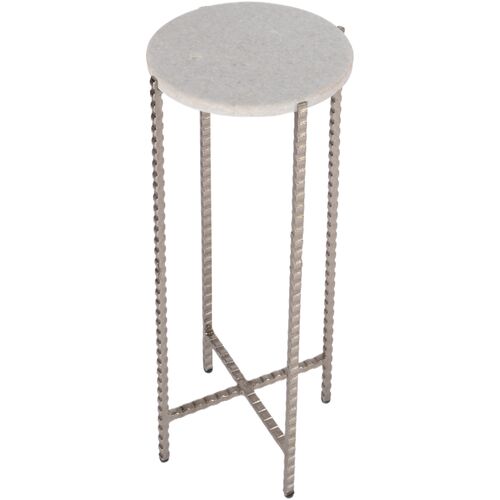 Roland Marble and Silver Cross Legs Side Table, White Roland Marble and Silver Cross Legs Side Table, White